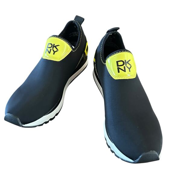 DKNY Jolie-Slip On Sneakers Neoprene Black Neon Yellow Logo NEW 6 - Picture 6 of 12